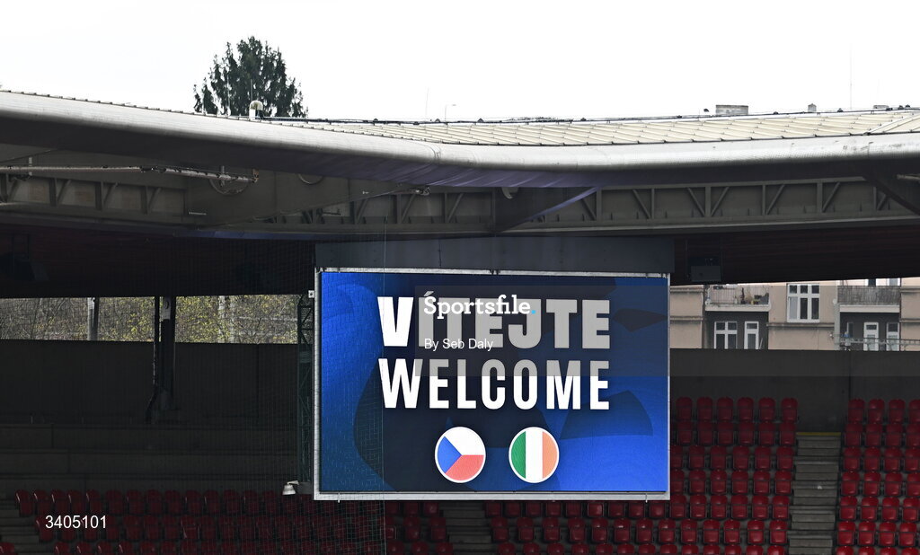 26 March 2026; A general view of the big screen inside the stadium before the FIFA World Cup 2026 European Qualifiers play-off semi-final match between Czechia and Republic of Ireland at Fortuna Arena in Prague, Czechia. Photo by Seb Daly/Sportsfile