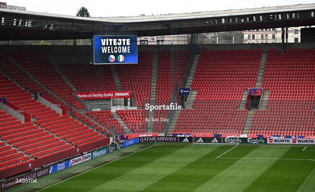 26 March 2026; A general view of the big screen inside the stadium before the FIFA World Cup 2026 European Qualifiers play-off semi-final match between Czechia and Republic of Ireland at Fortuna Arena in Prague, Czechia. Photo by Seb Daly/Sportsfile