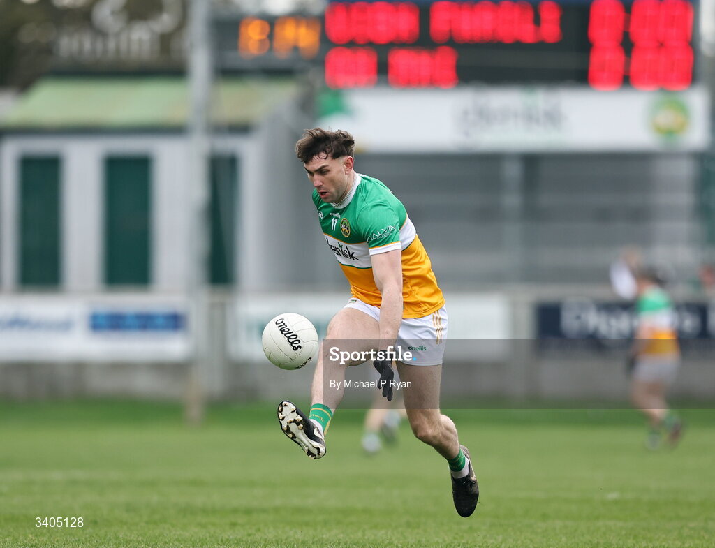 22 March 2026; Jordan Hayes of Offaly during the Allianz Football League Division 2 match between Offaly and Meath at Glenisk O'Connor Park in Tullamore, Offaly. Photo by Michael P Ryan/Sportsfile