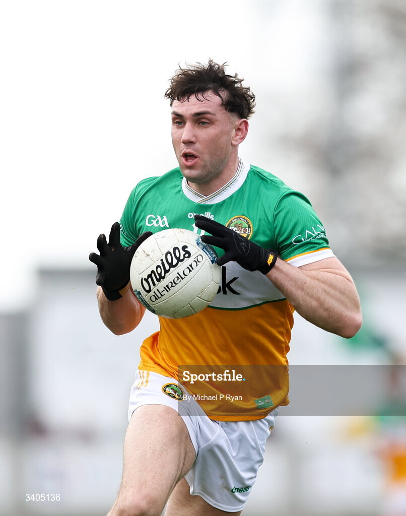 22 March 2026; Jordan Hayes of Offaly during the Allianz Football League Division 2 match between Offaly and Meath at Glenisk O'Connor Park in Tullamore, Offaly. Photo by Michael P Ryan/Sportsfile