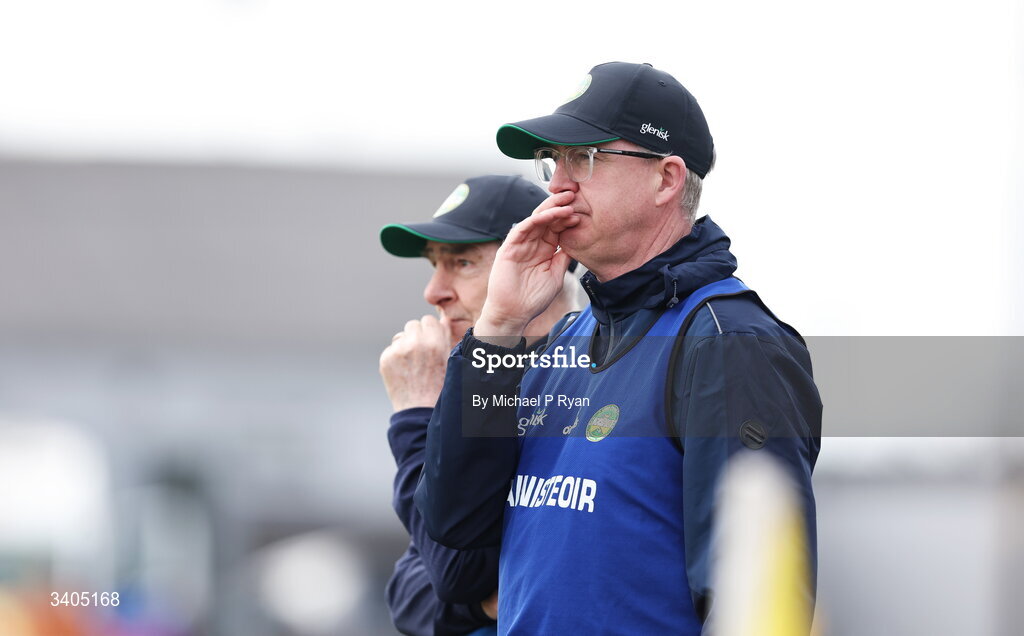 22 March 2026; Offaly joint-managers Declan Kelly, right, and Mickey Harte during the Allianz Football League Division 2 match between Offaly and Meath at Glenisk O'Connor Park in Tullamore, Offaly. Photo by Michael P Ryan/Sportsfile