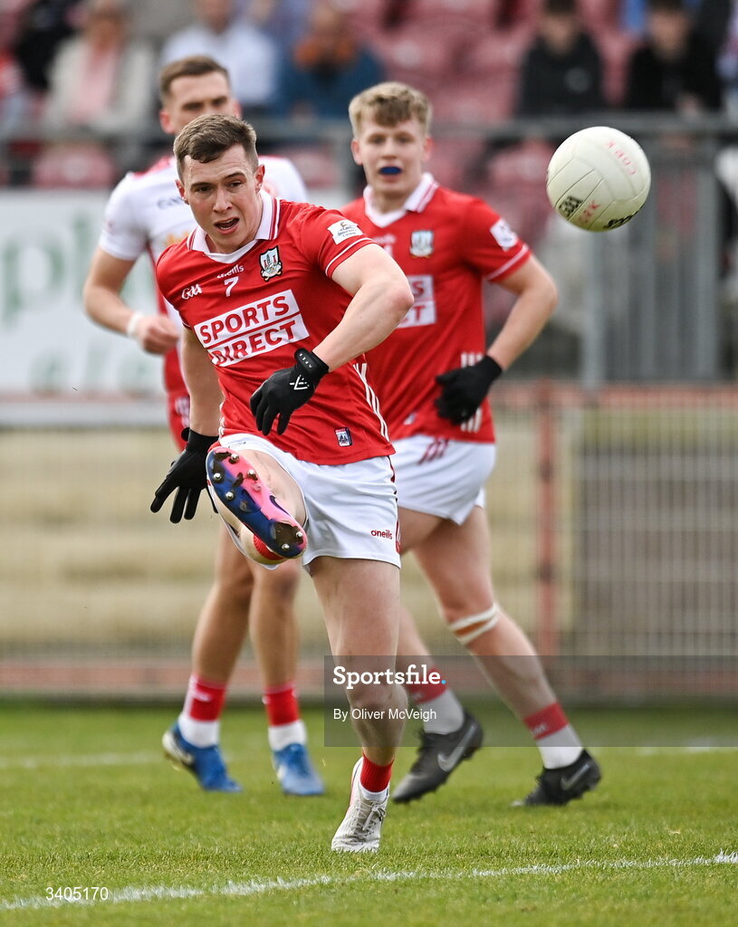 22 March 2026; Luke Fahy of Cork during the Allianz Football League Division 2 match between Tyrone and Cork at O'Neills Healy Park in Omagh, Tyrone. Photo by Oliver McVeigh/Sportsfile