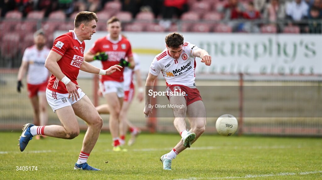 22 March 2026; Ronan Cassidy  of Tyrone  in action against Tommy Walsh of Cork  during the Allianz Football League Division 2 match between Tyrone and Cork at O'Neills Healy Park in Omagh, Tyrone. Photo by Oliver McVeigh/Sportsfile