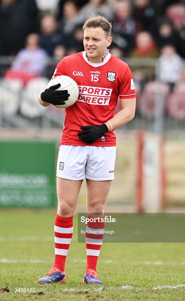 22 March 2026; Steven Sherlock of Cork during the Allianz Football League Division 2 match between Tyrone and Cork at O'Neills Healy Park in Omagh, Tyrone. Photo by Oliver McVeigh/Sportsfile