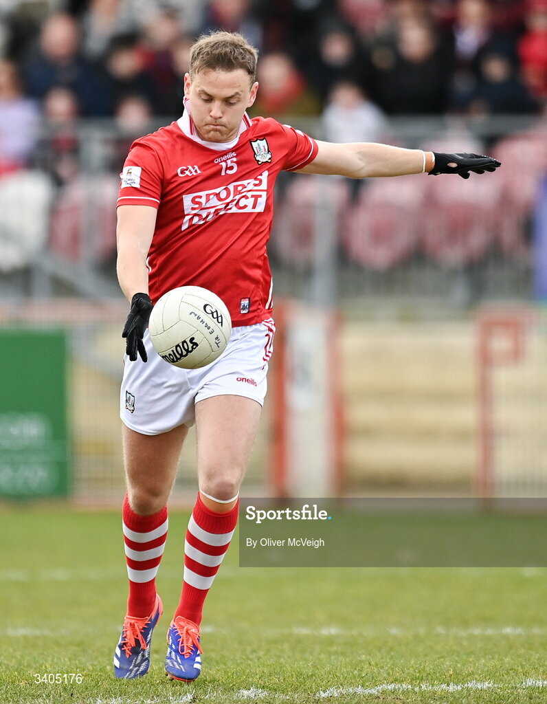 22 March 2026; Steven Sherlock of Cork during the Allianz Football League Division 2 match between Tyrone and Cork at O'Neills Healy Park in Omagh, Tyrone. Photo by Oliver McVeigh/Sportsfile