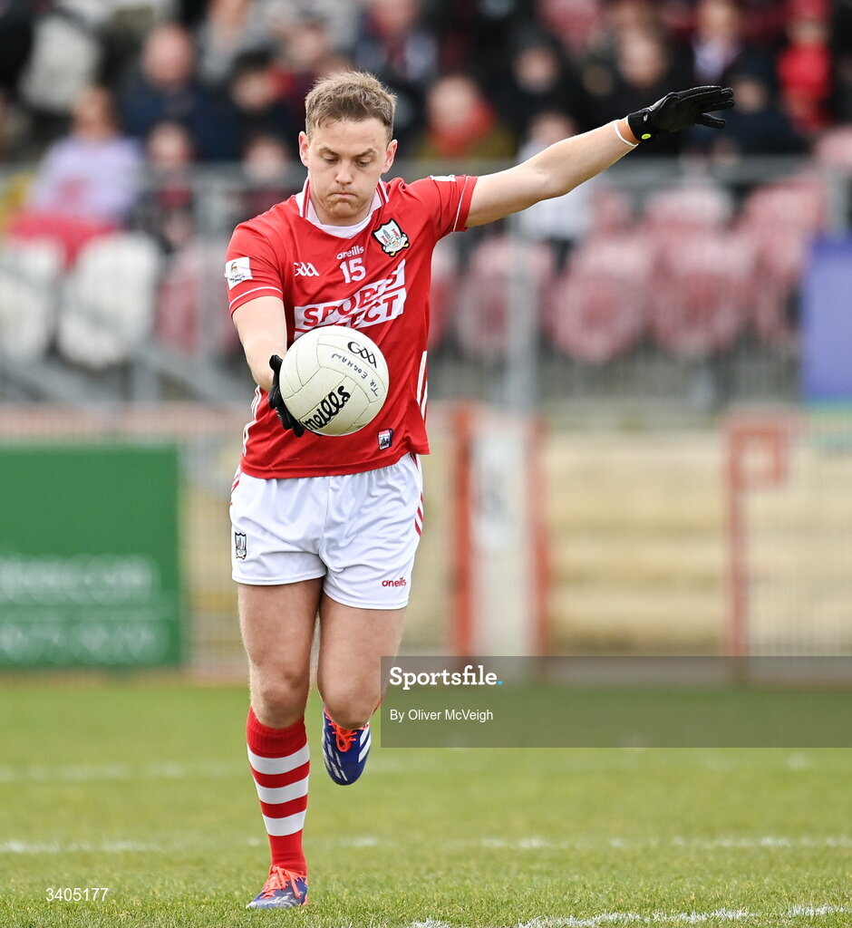 22 March 2026; Steven Sherlock of Cork during the Allianz Football League Division 2 match between Tyrone and Cork at O'Neills Healy Park in Omagh, Tyrone. Photo by Oliver McVeigh/Sportsfile