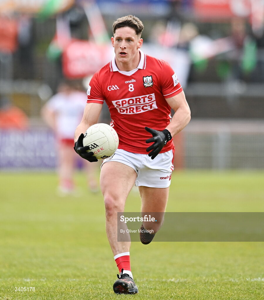 22 March 2026; Colm O"Callaghan of Cork during the Allianz Football League Division 2 match between Tyrone and Cork at O'Neills Healy Park in Omagh, Tyrone. Photo by Oliver McVeigh/Sportsfile