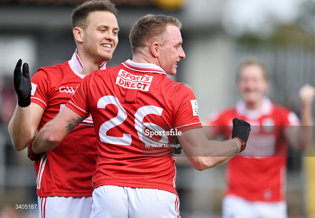 22 March 2026; Steven Sherlock and Brian Hurley of Cork celebrate after the Allianz Football League Division 2 match between Tyrone and Cork at O'Neills Healy Park in Omagh, Tyrone. Photo by Oliver McVeigh/Sportsfile