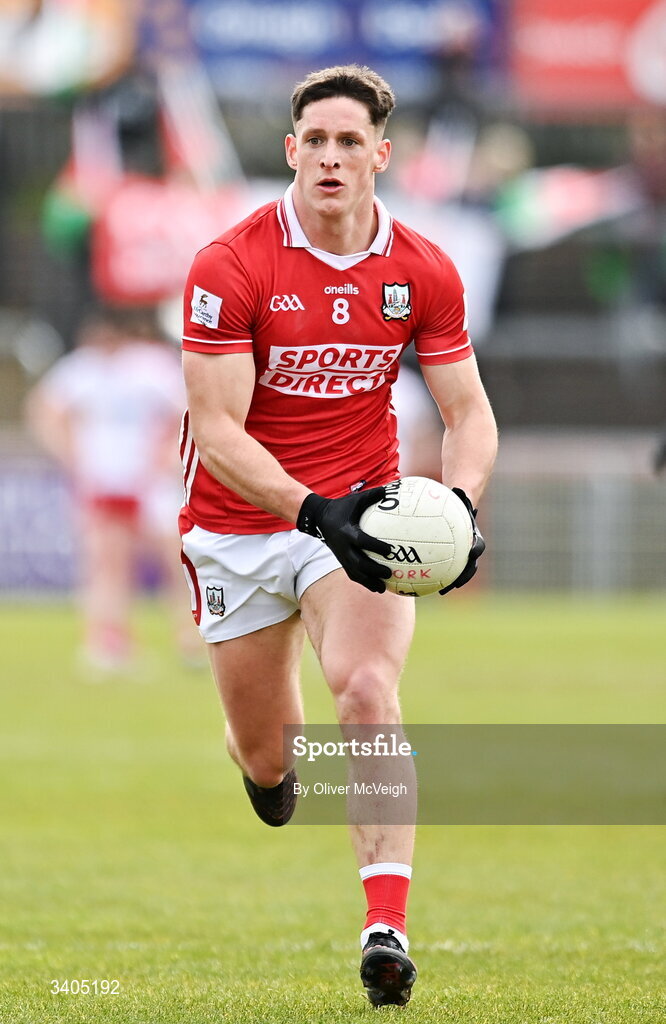 22 March 2026; Colm O"Callaghan of Cork during the Allianz Football League Division 2 match between Tyrone and Cork at O'Neills Healy Park in Omagh, Tyrone. Photo by Oliver McVeigh/Sportsfile