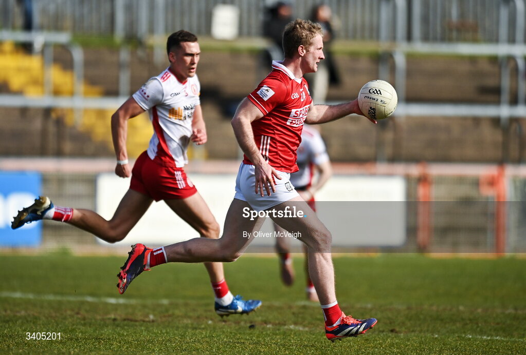 22 March 2026; Ruairi Deane of Cork during the Allianz Football League Division 2 match between Tyrone and Cork at O'Neills Healy Park in Omagh, Tyrone. Photo by Oliver McVeigh/Sportsfile