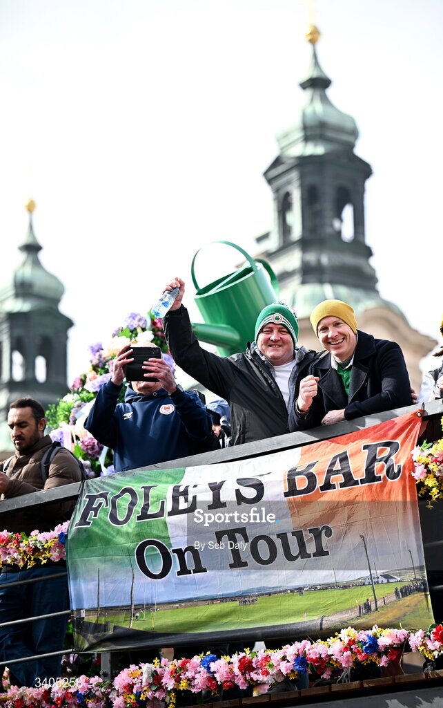 26 March 2026; Republic of Ireland supporters Alan Foley, from Letterkenny, Donegal, and Garrett Clery, from Kilmallock, Limerick, right, in Prague, before the FIFA World Cup 2026 European Qualifiers play-off semi-final match between Czechia and Republic of Ireland at Fortuna Arena in Prague, Czechia. Photo by Seb Daly/Sportsfile