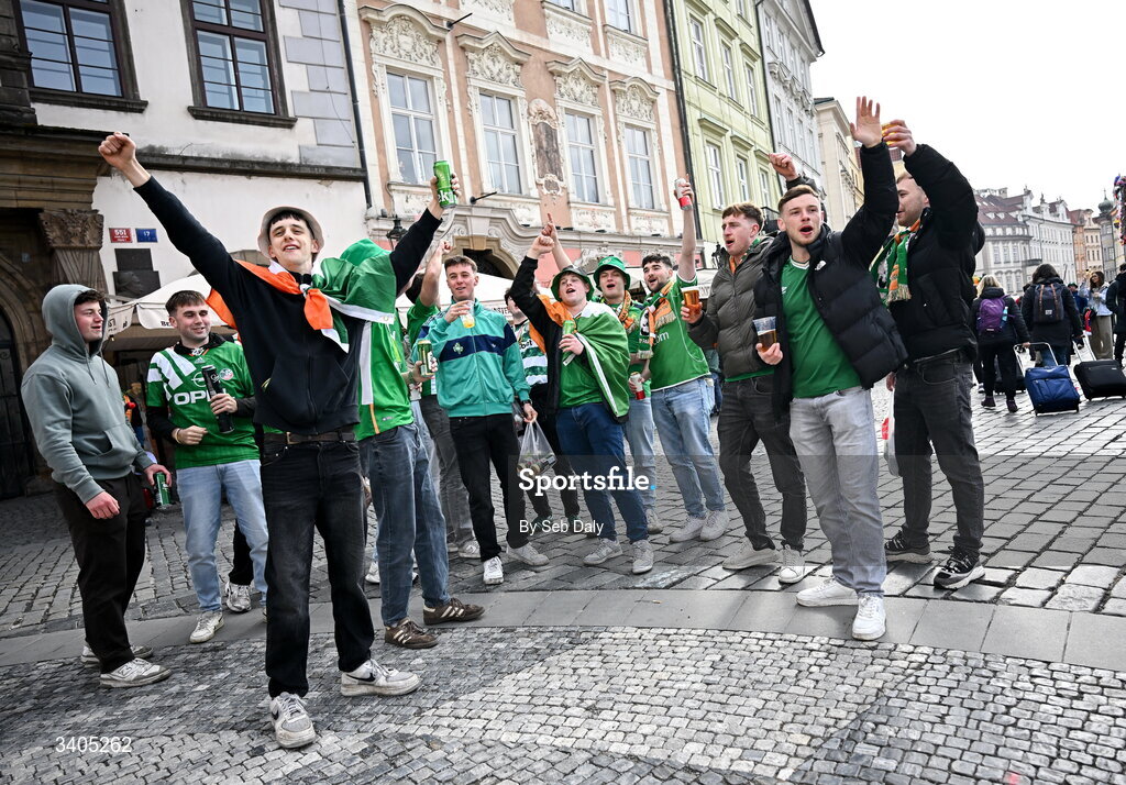 26 March 2026; Republic of Ireland supporters in Prague before the FIFA World Cup 2026 European Qualifiers play-off semi-final match between Czechia and Republic of Ireland at Fortuna Arena in Prague, Czechia. Photo by Seb Daly/Sportsfile