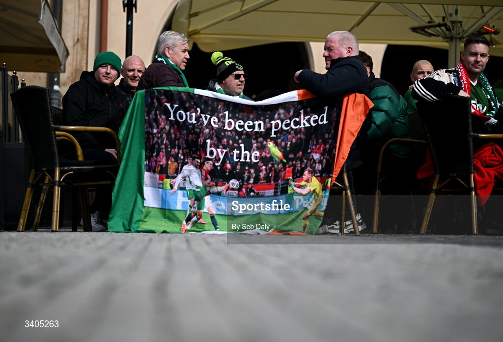 26 March 2026; Republic of Ireland supporters in Prague before the FIFA World Cup 2026 European Qualifiers play-off semi-final match between Czechia and Republic of Ireland at Fortuna Arena in Prague, Czechia. Photo by Seb Daly/Sportsfile