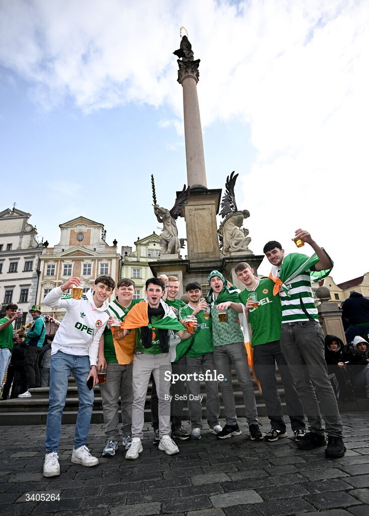 26 March 2026; Republic of Ireland supporters in Prague before the FIFA World Cup 2026 European Qualifiers play-off semi-final match between Czechia and Republic of Ireland at Fortuna Arena in Prague, Czechia. Photo by Seb Daly/Sportsfile