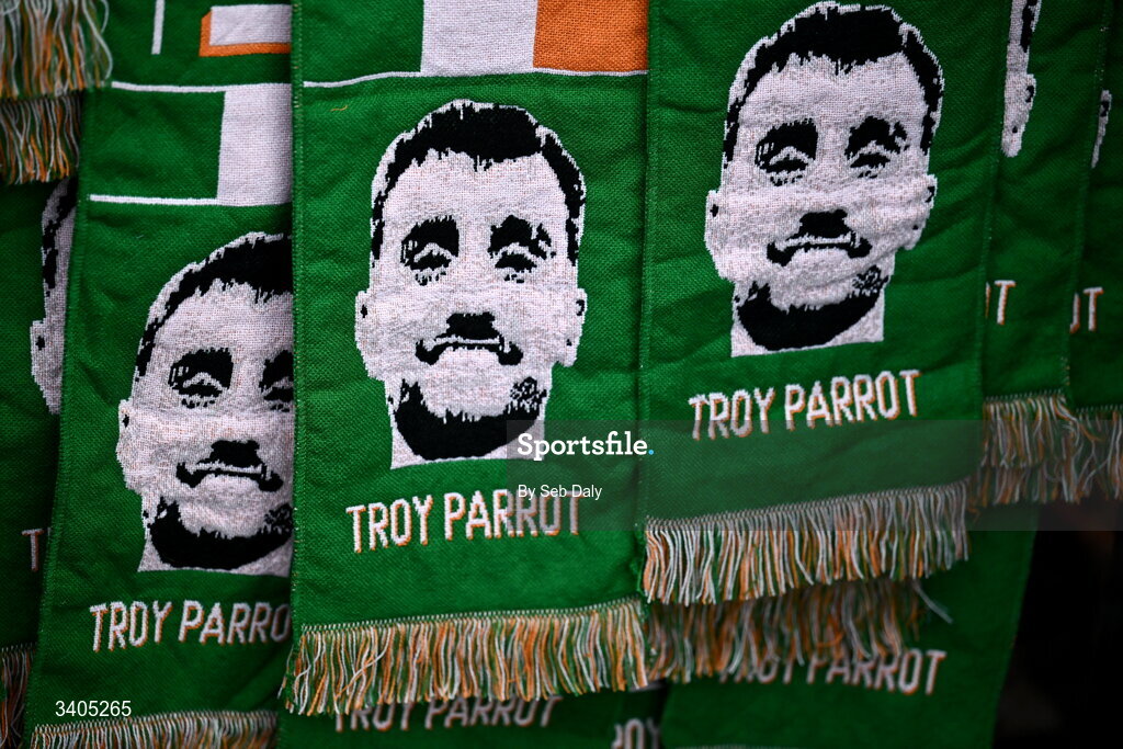 26 March 2026; Scarfs featuring Republic of Ireland's Troy Parrott before the FIFA World Cup 2026 European Qualifiers play-off semi-final match between Czechia and Republic of Ireland at Fortuna Arena in Prague, Czechia. Photo by Seb Daly/Sportsfile