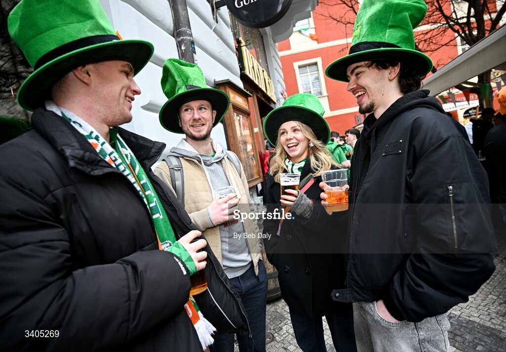 26 March 2026; Republic of Ireland supporters, from left, Sean and Des Dowling, from Gorey, Wexford, and Ciara and Darragh Ahern, from Blarney, Cork, in Prague before the FIFA World Cup 2026 European Qualifiers play-off semi-final match between Czechia and Republic of Ireland at Fortuna Arena in Prague, Czechia. Photo by Seb Daly/Sportsfile