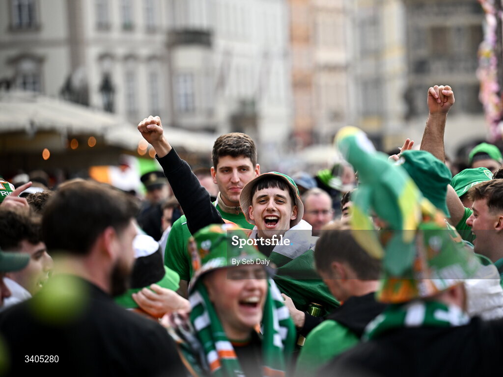26 March 2026; Republic of Ireland supporters in Prague before the FIFA World Cup 2026 European Qualifiers play-off semi-final match between Czechia and Republic of Ireland at Fortuna Arena in Prague, Czechia. Photo by Seb Daly/Sportsfile