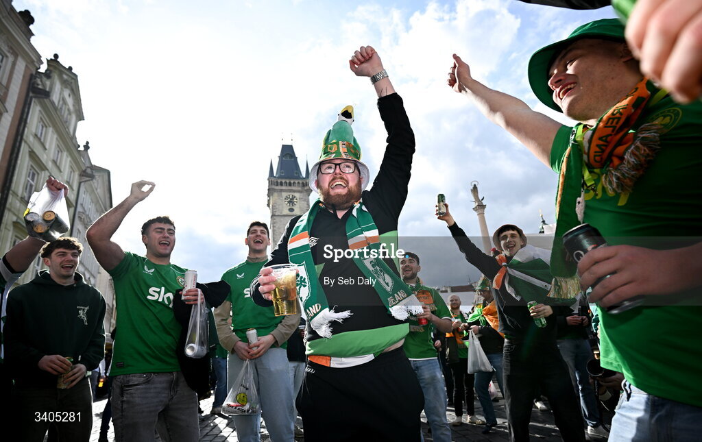 26 March 2026; Republic of Ireland supporters in Prague before the FIFA World Cup 2026 European Qualifiers play-off semi-final match between Czechia and Republic of Ireland at Fortuna Arena in Prague, Czechia. Photo by Seb Daly/Sportsfile