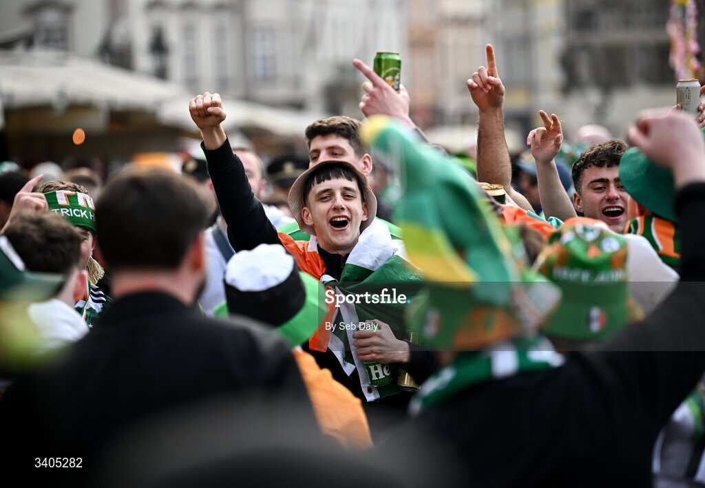26 March 2026; Republic of Ireland supporters in Prague before the FIFA World Cup 2026 European Qualifiers play-off semi-final match between Czechia and Republic of Ireland at Fortuna Arena in Prague, Czechia. Photo by Seb Daly/Sportsfile