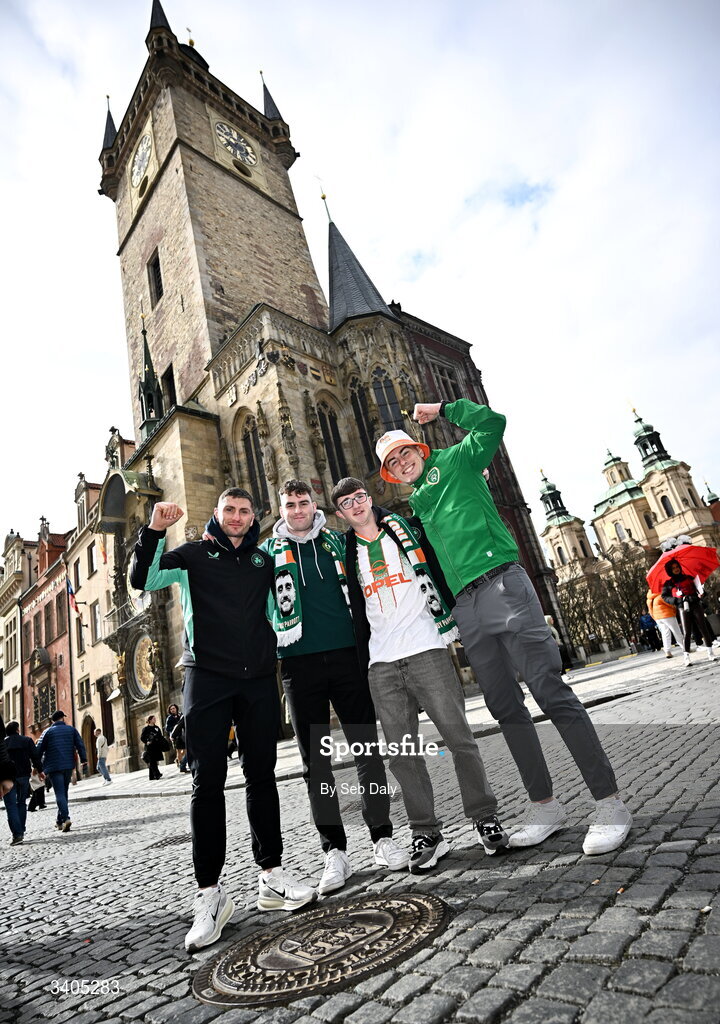 26 March 2026; Republic of Ireland supporters, from left, Eric Eaton, from Kiltimagh, Mayo; Eoghan McAuliffe, from New Ross Wexfrod; Sam Ralph, from Newbridge, Kildare; and Oisin Walsh, from Castlebar, Mayo; in Prague before the FIFA World Cup 2026 European Qualifiers play-off semi-final match between Czechia and Republic of Ireland at Fortuna Arena in Prague, Czechia. Photo by Seb Daly/Sportsfile