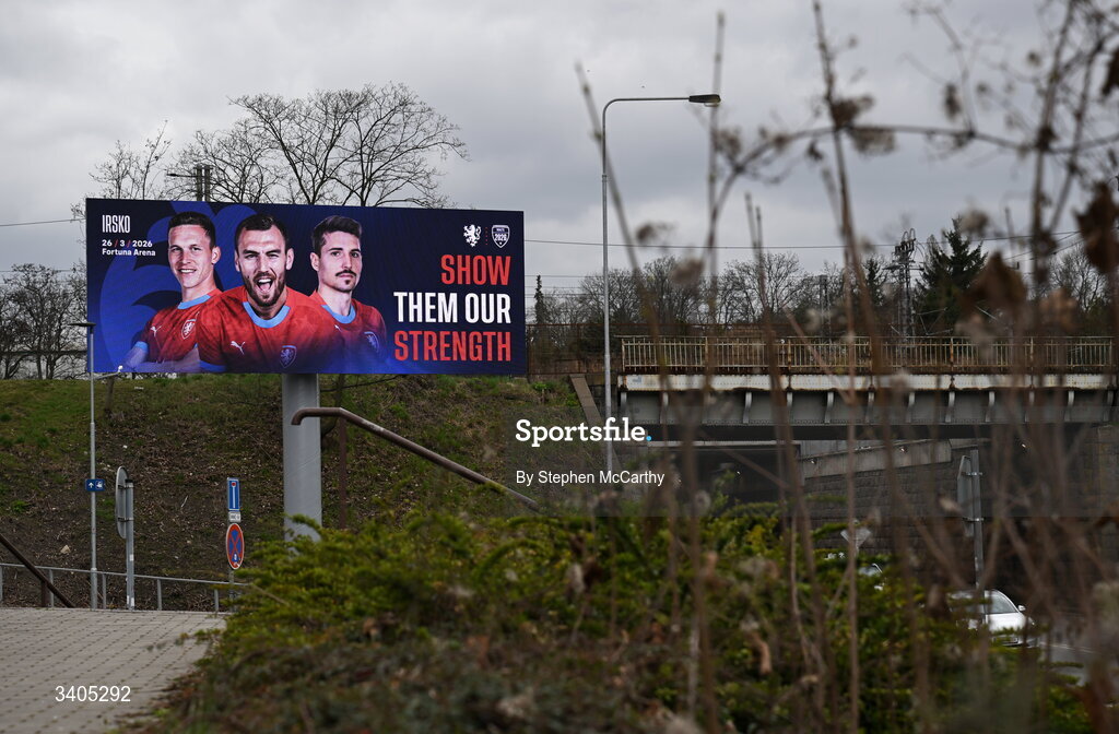 26 March 2026; A promotional advertisement for the match outside the stadium before the FIFA World Cup 2026 European Qualifiers play-off semi-final match between Czechia and Republic of Ireland at Fortuna Arena in Prague, Czechia. Photo by Stephen McCarthy/Sportsfile