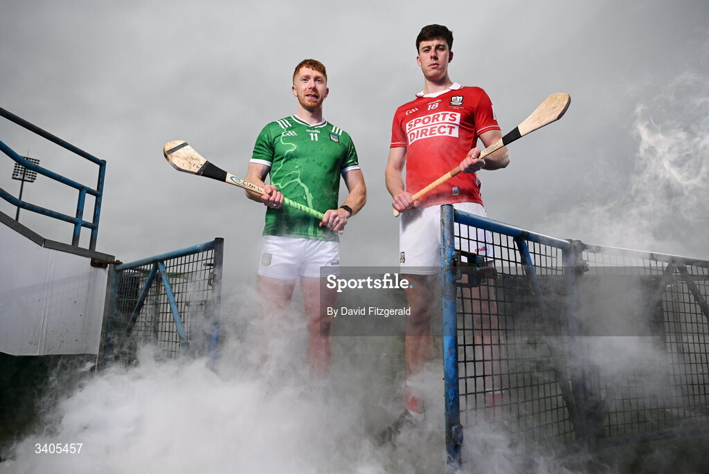 26 March 2026; Munster senior hurlers Cian Lynch of Limerick and Robert Downey of Cork in attendance for the Munster GAA Senior Hurling and Football Championship launch 2026 at FBD Semple Stadium in Thurles, Tipperary. Photo by David Fitzgerald/Sportsfile