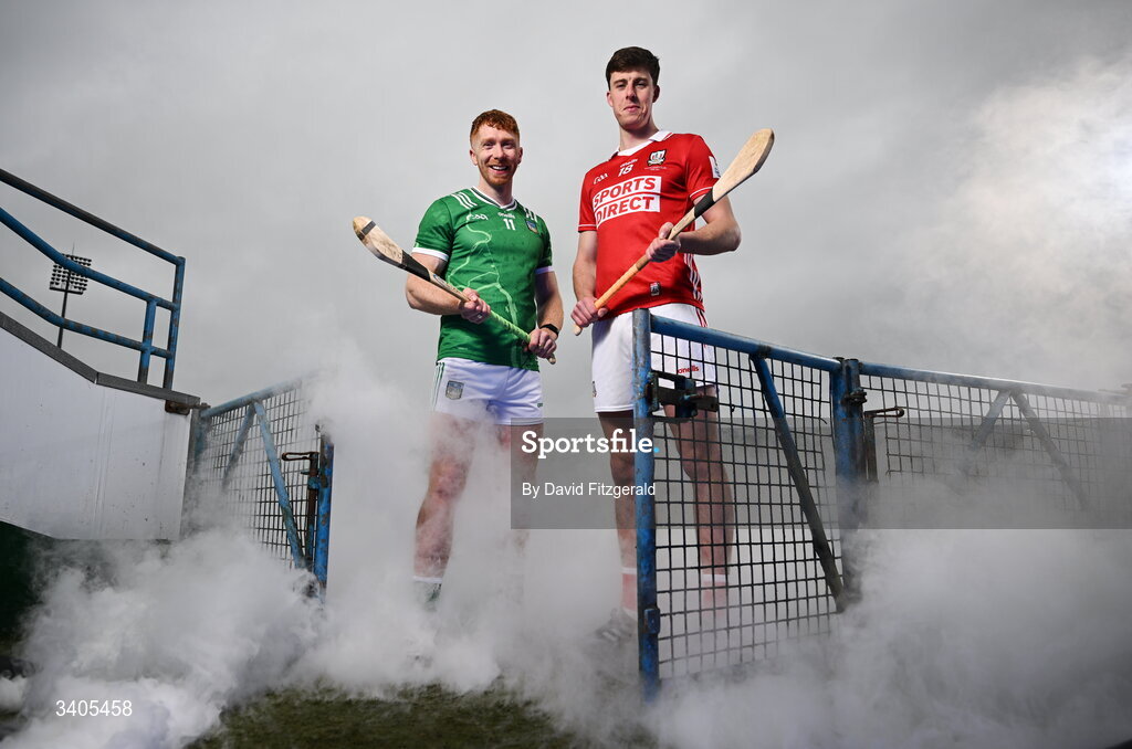 26 March 2026; Munster senior hurlers Cian Lynch of Limerick and Robert Downey of Cork in attendance for the Munster GAA Senior Hurling and Football Championship launch 2026 at FBD Semple Stadium in Thurles, Tipperary. Photo by David Fitzgerald/Sportsfile