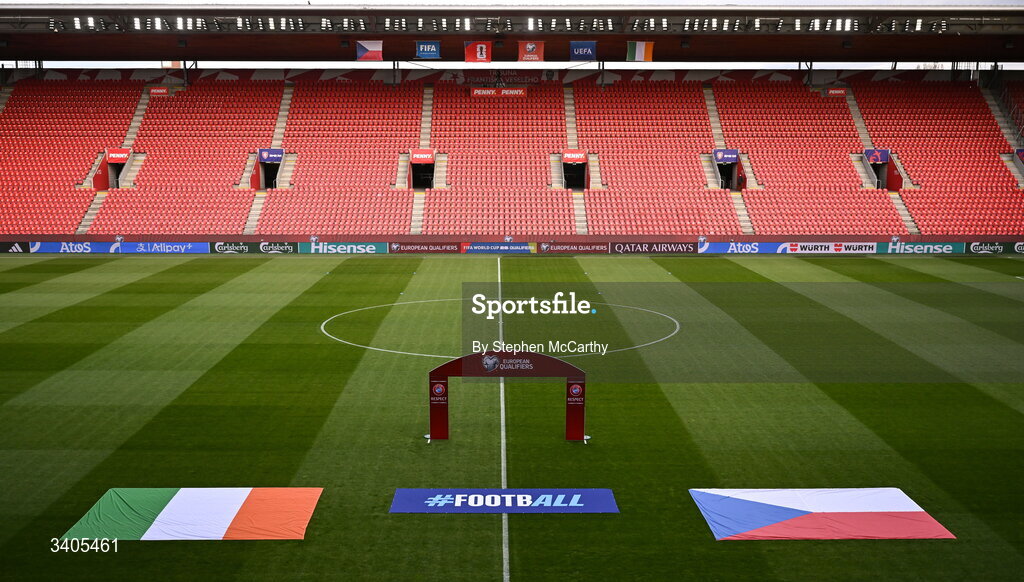 26 March 2026; A general view inside the stadium before the FIFA World Cup 2026 European Qualifiers play-off semi-final match between Czechia and Republic of Ireland at Fortuna Arena in Prague, Czechia. Photo by Stephen McCarthy/Sportsfile