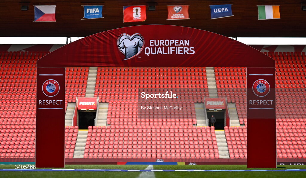 26 March 2026; A general view inside the stadium before the FIFA World Cup 2026 European Qualifiers play-off semi-final match between Czechia and Republic of Ireland at Fortuna Arena in Prague, Czechia. Photo by Stephen McCarthy/Sportsfile