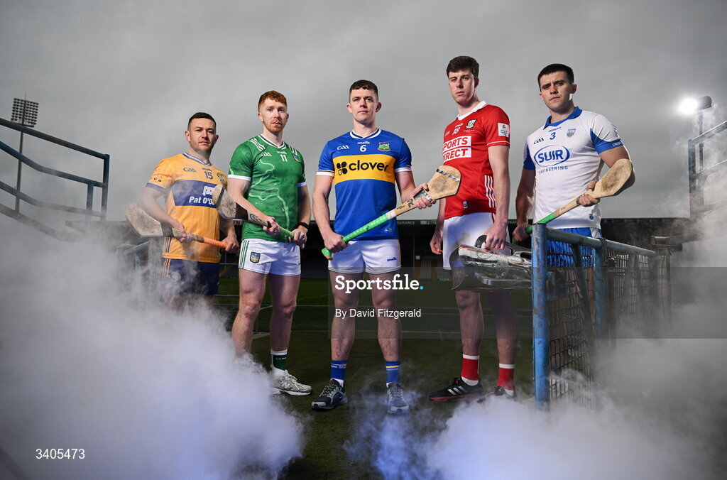 26 March 2026; Munster senior hurlers, from left, David Reidy of Clare, Cian Lynch of Limerick, Ronan Maher of Tipperary, Robert Downey of Cork and Mark Fitzgerald of Waterford in attendance for the Munster GAA Senior Hurling and Football Championship launch 2026 at FBD Semple Stadium in Thurles, Tipperary. Photo by David Fitzgerald/Sportsfile