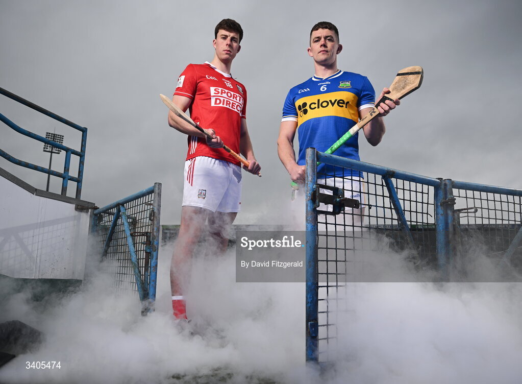 26 March 2026; Munster Senior hurlers, Robert Downey of Cork and Ronan Maher of Tipperary in attendance for the Munster GAA Senior Hurling and Football Championship launch 2026 at FBD Semple Stadium in Thurles, Tipperary. Photo by David Fitzgerald/Sportsfile