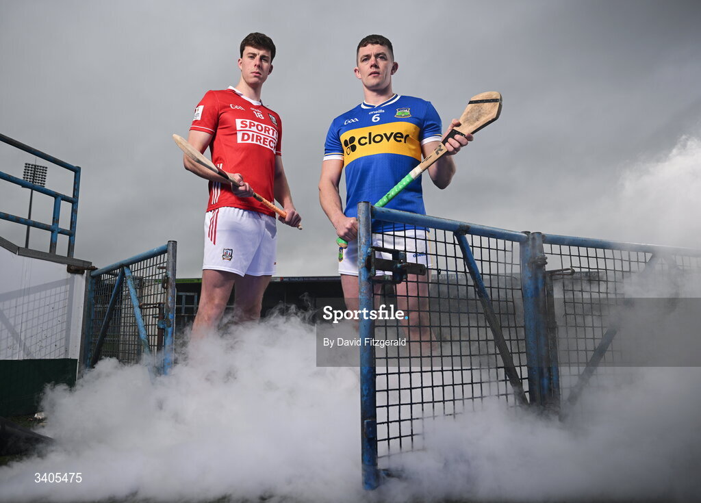 26 March 2026; Munster Senior hurlers, Robert Downey of Cork and Ronan Maher of Tipperary in attendance for the Munster GAA Senior Hurling and Football Championship launch 2026 at FBD Semple Stadium in Thurles, Tipperary. Photo by David Fitzgerald/Sportsfile