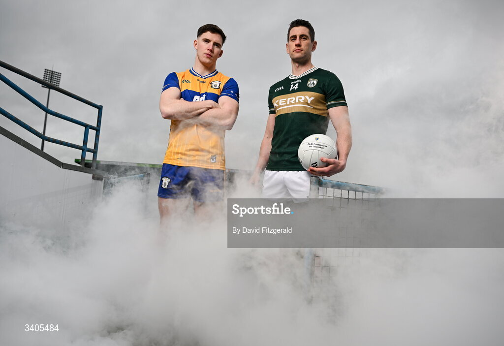 26 March 2026; Munster senior footballers Cillian Rouine of Clare and Paul Geaney of Kerry in attendance for the Munster GAA Senior Hurling and Football Championship launch 2026 at FBD Semple Stadium in Thurles, Tipperary. Photo by David Fitzgerald/Sportsfile