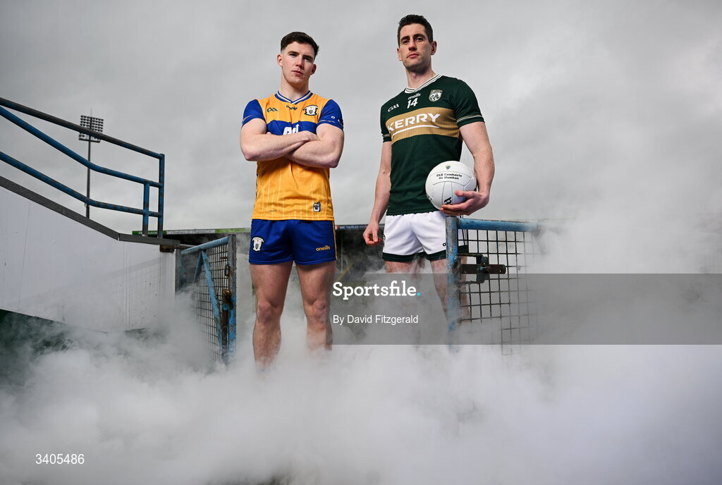 26 March 2026; Munster senior footballers Cillian Rouine of Clare and Paul Geaney of Kerry in attendance for the Munster GAA Senior Hurling and Football Championship launch 2026 at FBD Semple Stadium in Thurles, Tipperary. Photo by David Fitzgerald/Sportsfile