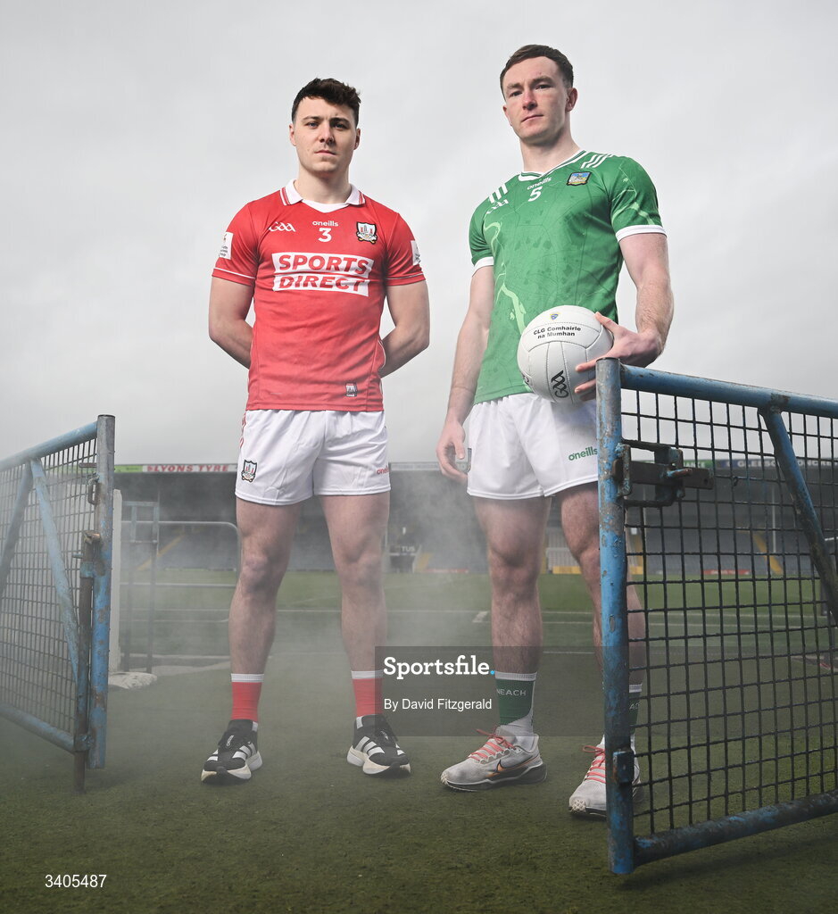 26 March 2026; Munster senior footballers Daniel O'Mahoney of Cork and Barry Coleman of Limerick in attendance for the Munster GAA Senior Hurling and Football Championship launch 2026 at FBD Semple Stadium in Thurles, Tipperary. Photo by David Fitzgerald/Sportsfile