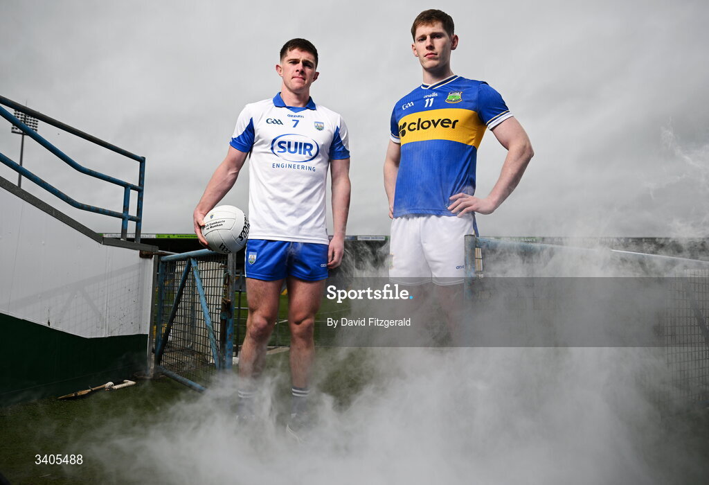 26 March 2026; Munster senior footballers Conor Murray of Waterford and Paudie Feehan of Tipperary in attendance for the Munster GAA Senior Hurling and Football Championship launch 2026 at FBD Semple Stadium in Thurles, Tipperary. Photo by David Fitzgerald/Sportsfile