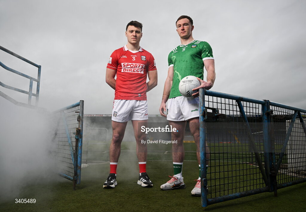 26 March 2026; Munster senior footballers Daniel O'Mahoney of Cork and Barry Coleman of Limerick in attendance for the Munster GAA Senior Hurling and Football Championship launch 2026 at FBD Semple Stadium in Thurles, Tipperary. Photo by David Fitzgerald/Sportsfile