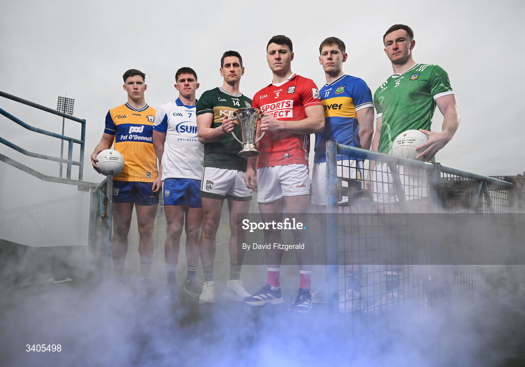 26 March 2026; Munster senior footballers from left, Cillian Rouine of Clare, Conor Murray of Waterford, Paul Geaney of Kerry, Daniel O'Mahoney of Cork, Paudie Feehan of Tipperary and Barry Coleman of Limerick in attendance for the Munster GAA Senior Hurling and Football Championship launch 2026 at FBD Semple Stadium in Thurles, Tipperary. Photo by David Fitzgerald/Sportsfile