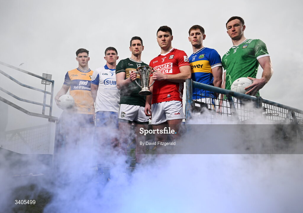 26 March 2026; Munster senior footballers from left, Cillian Rouine of Clare, Conor Murray of Waterford, Paul Geaney of Kerry, Daniel O'Mahoney of Cork, Paudie Feehan of Tipperary and Barry Coleman of Limerick in attendance for the Munster GAA Senior Hurling and Football Championship launch 2026 at FBD Semple Stadium in Thurles, Tipperary. Photo by David Fitzgerald/Sportsfile