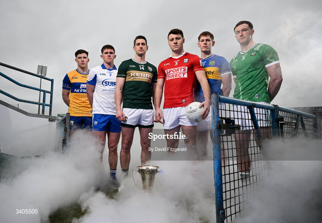 26 March 2026; Munster senior footballers from left, Cillian Rouine of Clare, Conor Murray of Waterford, Paul Geaney of Kerry, Daniel O'Mahoney of Cork, Paudie Feehan of Tipperary and Barry Coleman of Limerick in attendance for the Munster GAA Senior Hurling and Football Championship launch 2026 at FBD Semple Stadium in Thurles, Tipperary. Photo by David Fitzgerald/Sportsfile