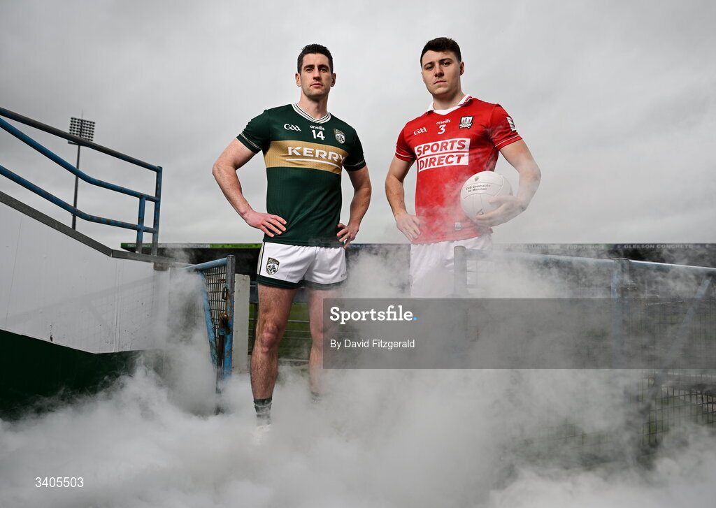 26 March 2026; Munster senior footballers Paul Geaney of Kerry and Daniel O'Mahoney of Cork in attendance for the Munster GAA Senior Hurling and Football Championship launch 2026 at FBD Semple Stadium in Thurles, Tipperary. Photo by David Fitzgerald/Sportsfile