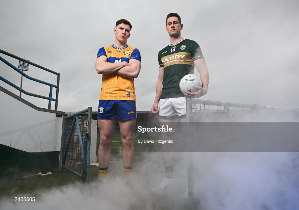 26 March 2026; Munster senior footballers Cillian Rouine of Clare and Paul Geaney of Kerry in attendance for the Munster GAA Senior Hurling and Football Championship launch 2026 at FBD Semple Stadium in Thurles, Tipperary. Photo by David Fitzgerald/Sportsfile