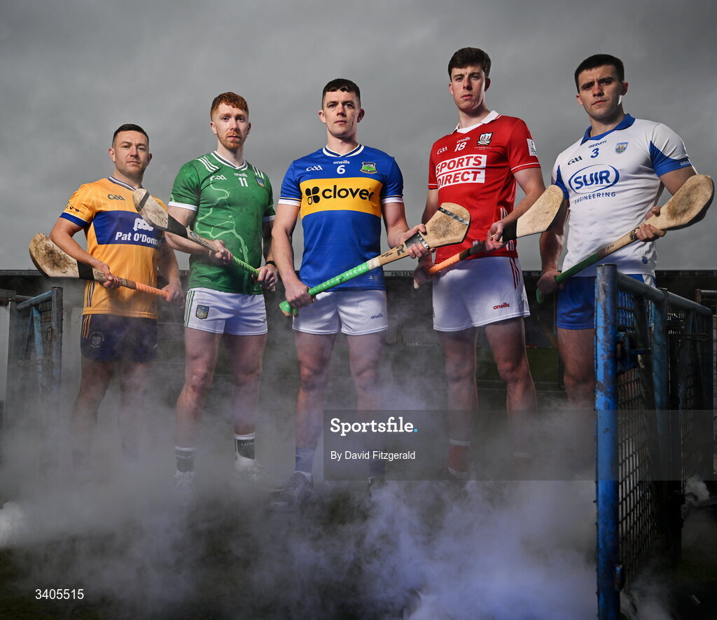 26 March 2026; Munster senior hurlers, from left, David Reidy of Clare, Cian Lynch of Limerick, Ronan Maher of Tipperary, Robert Downey of Cork and Mark Fitzgerald of Waterford in attendance for the Munster GAA Senior Hurling and Football Championship launch 2026 at FBD Semple Stadium in Thurles, Tipperary. Photo by David Fitzgerald/Sportsfile