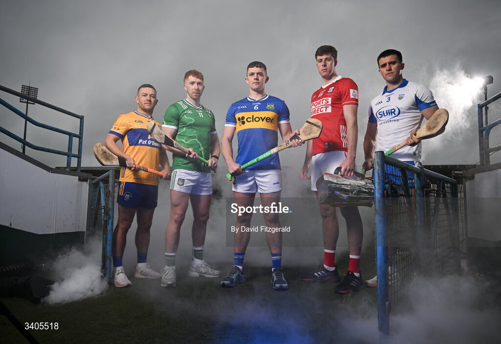 26 March 2026; Munster senior hurlers, from left, David Reidy of Clare, Cian Lynch of Limerick, Ronan Maher of Tipperary, Robert Downey of Cork and Mark Fitzgerald of Waterford in attendance for the Munster GAA Senior Hurling and Football Championship launch 2026 at FBD Semple Stadium in Thurles, Tipperary. Photo by David Fitzgerald/Sportsfile
