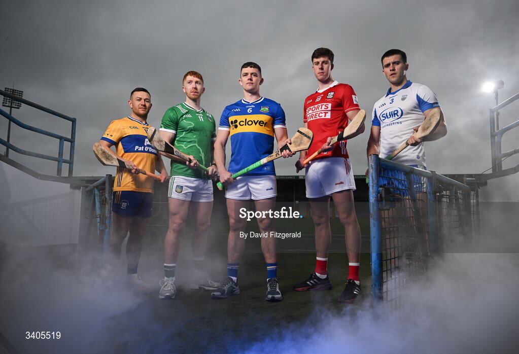26 March 2026; Munster senior hurlers, from left, David Reidy of Clare, Cian Lynch of Limerick, Ronan Maher of Tipperary, Robert Downey of Cork and Mark Fitzgerald of Waterford in attendance for the Munster GAA Senior Hurling and Football Championship launch 2026 at FBD Semple Stadium in Thurles, Tipperary. Photo by David Fitzgerald/Sportsfile