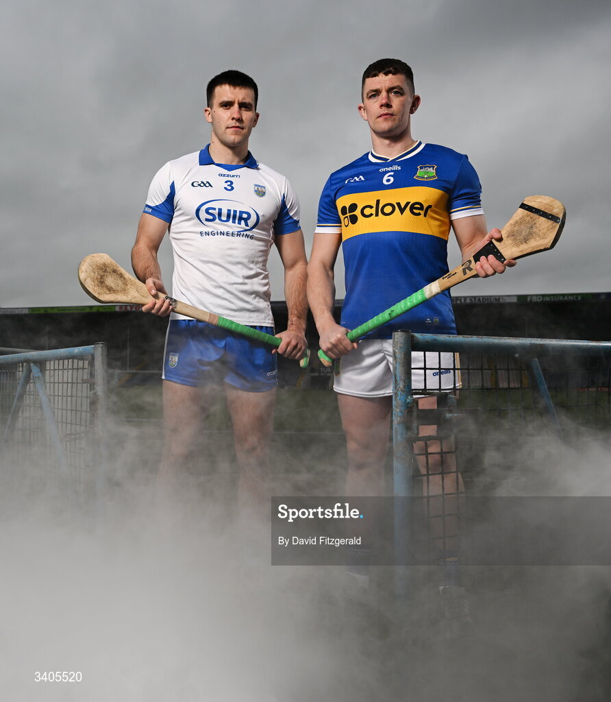 26 March 2026; Munster senior hurlers Mark Fitzgerald of Waterford and Ronan Maher of Tipperary in attendance for the Munster GAA Senior Hurling and Football Championship launch 2026 at FBD Semple Stadium in Thurles, Tipperary. Photo by David Fitzgerald/Sportsfile