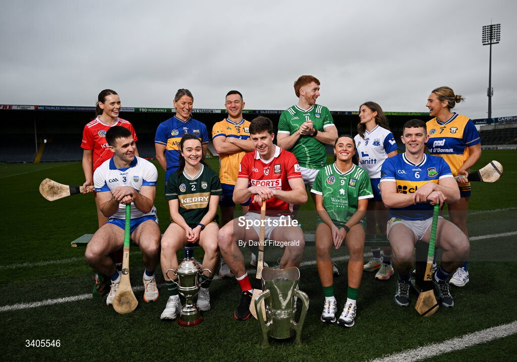 26 March 2026; Munster senior hurlers from left, Mark Fitzgerald of Waterford, David Reidy of Clare, Robert Downey of Cork, Cian Lynch of Limerick and Ronan Maher of Tipperary with Munster Senior camogie players, from left, Meabh Cahalane of Cork, Mairead Eviston of Tipperary, Rachel McCarthy of Kerry, Orlaith Kelliher of Limerick, Lorraine Bray of Waterford and Claire Hehir of Clare in attendance for the Munster GAA Senior Hurling and Football Championship launch 2026 at FBD Semple Stadium in Thurles, Tipperary. Photo by David Fitzgerald/Sportsfile