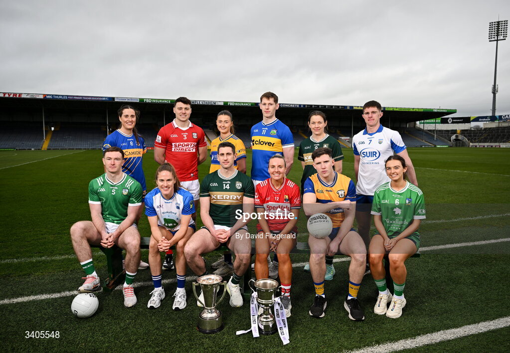 26 March 2026; Munster senior footballers from left, Barry Coleman of Limerick, Daniel O'Mahoney of Cork, Paul Geaney of Kerry, Paudie Feehan of Tipperary, Cillian Rouine of Clare and Conor Murray of Waterford with Munster Senior ladies footballers, from left, Laura Morrissey of Tipperary, Emma Murray of Waterford, Joanna Doohan of Clare, Emma Cleary of Cork, Anna Galvin of Kerry and Lauren Ryan of Limerick in attendance for the Munster GAA Senior Hurling and Football Championship launch 2026 at FBD Semple Stadium in Thurles, Tipperary. Photo by David Fitzgerald/Sportsfile