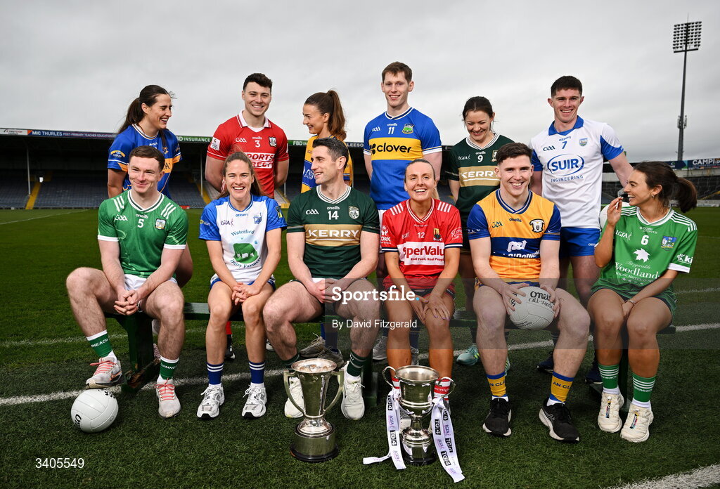 26 March 2026; Munster senior footballers from left, Barry Coleman of Limerick, Daniel O'Mahoney of Cork, Paul Geaney of Kerry, Paudie Feehan of Tipperary, Cillian Rouine of Clare and Conor Murray of Waterford with Munster Senior ladies footballers, from left, Laura Morrissey of Tipperary, Emma Murray of Waterford, Joanna Doohan of Clare, Emma Cleary of Cork, Anna Galvin of Kerry and Lauren Ryan of Limerick in attendance for the Munster GAA Senior Hurling and Football Championship launch 2026 at FBD Semple Stadium in Thurles, Tipperary. Photo by David Fitzgerald/Sportsfile