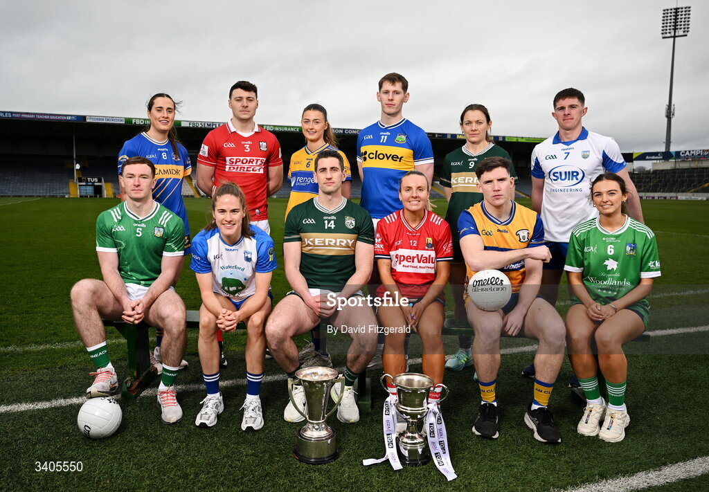 26 March 2026; Munster senior footballers from left, Barry Coleman of Limerick, Daniel O'Mahoney of Cork, Paul Geaney of Kerry, Paudie Feehan of Tipperary, Cillian Rouine of Clare and Conor Murray of Waterford with Munster Senior ladies footballers, from left, Laura Morrissey of Tipperary, Emma Murray of Waterford, Joanna Doohan of Clare, Emma Cleary of Cork, Anna Galvin of Kerry and Lauren Ryan of Limerick in attendance for the Munster GAA Senior Hurling and Football Championship launch 2026 at FBD Semple Stadium in Thurles, Tipperary. Photo by David Fitzgerald/Sportsfile